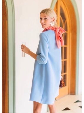 Tuckernuck Pomander Place Coral and Light Blue Daphne Long Sleeve Swing Dress S